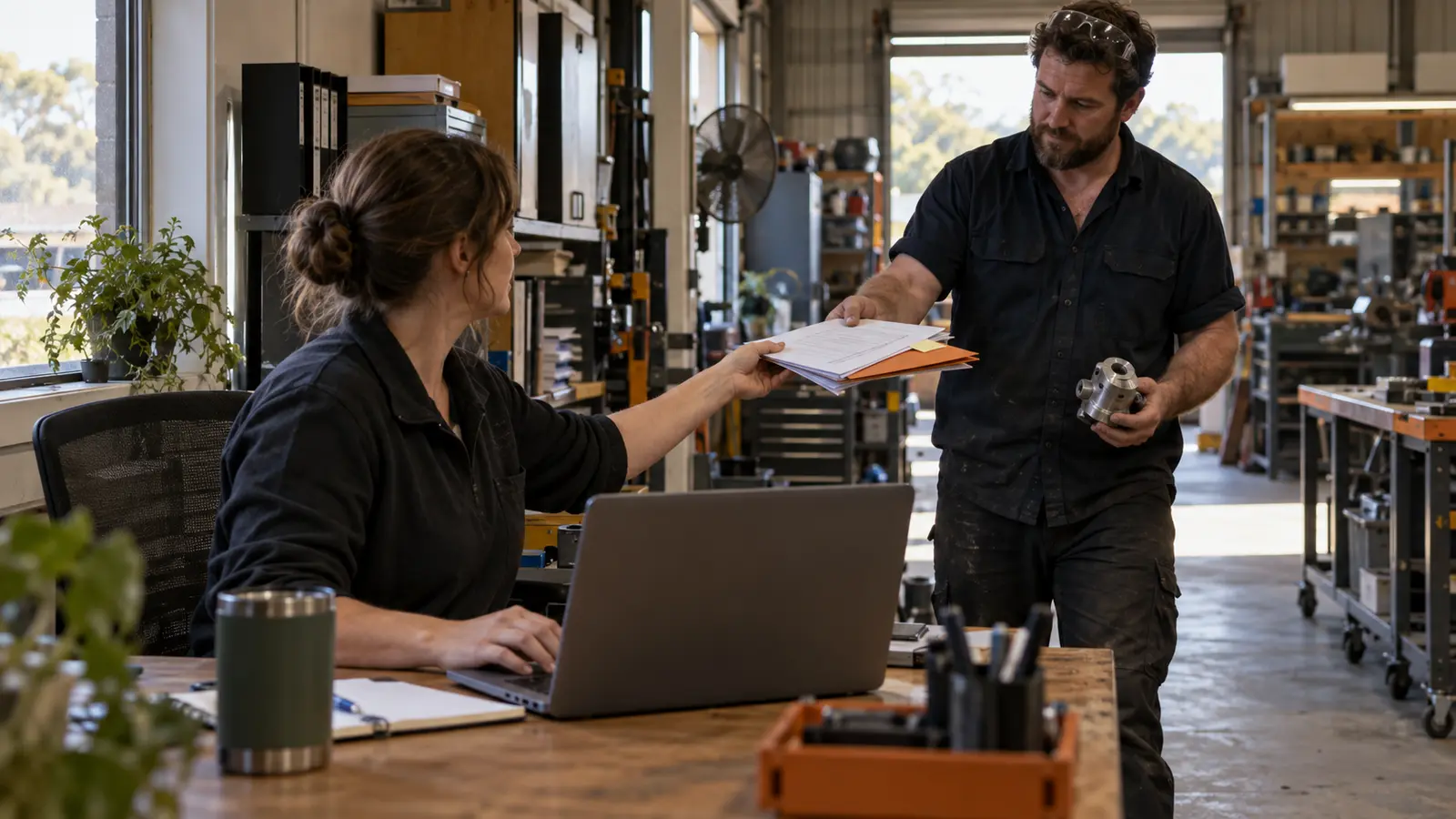 Two people sharing a job pack between an office desk and workshop