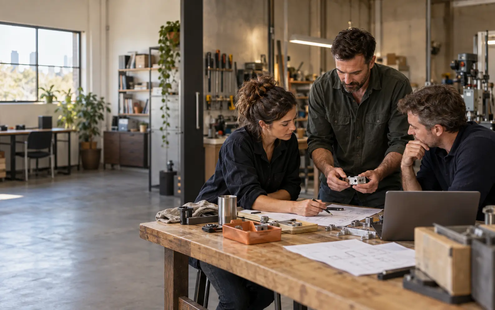 People discussing everyday work around a table in a workshop office