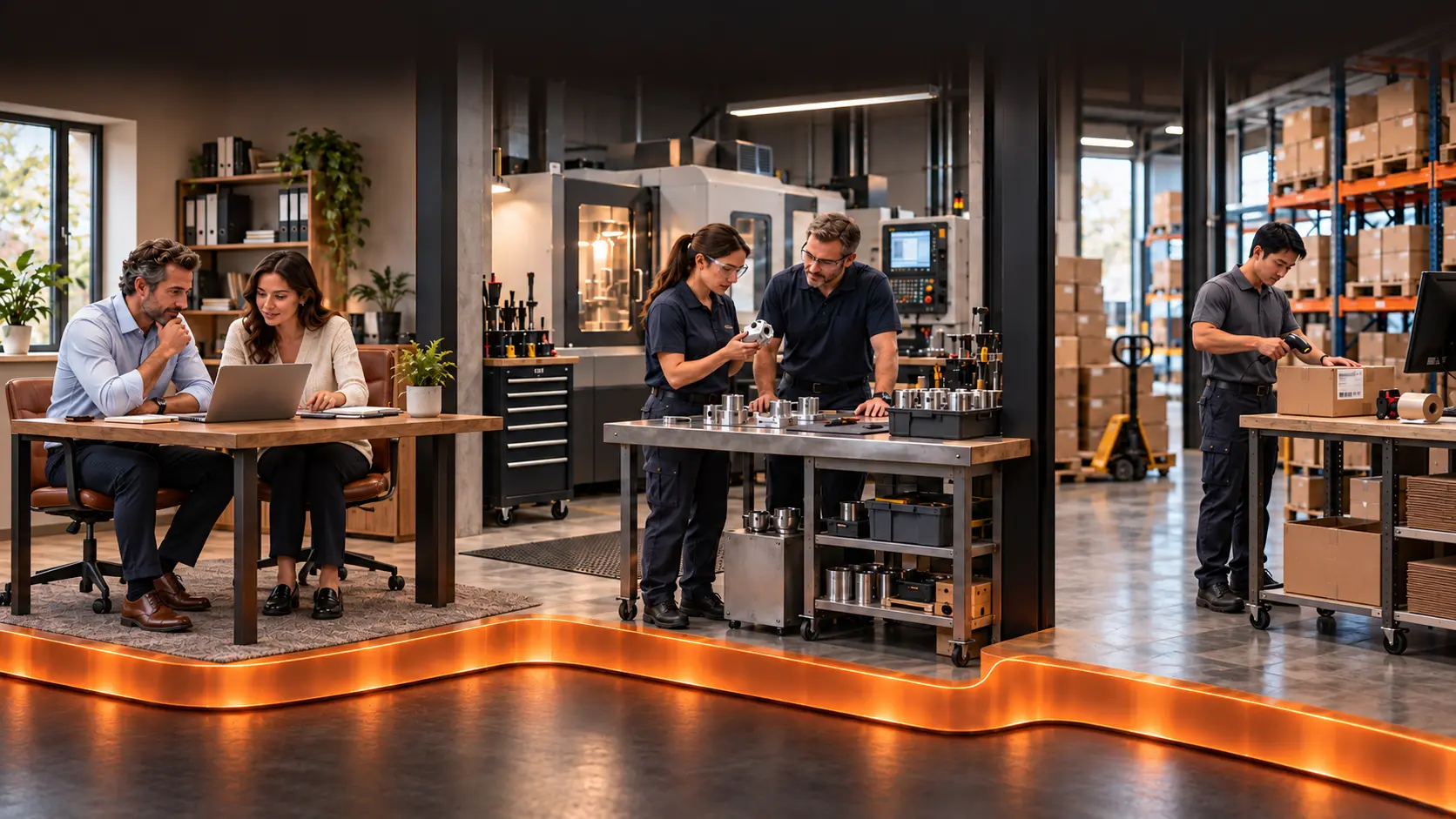 Concept illustration of office, manufacturing and dispatch teams connected by a shared orange foundation