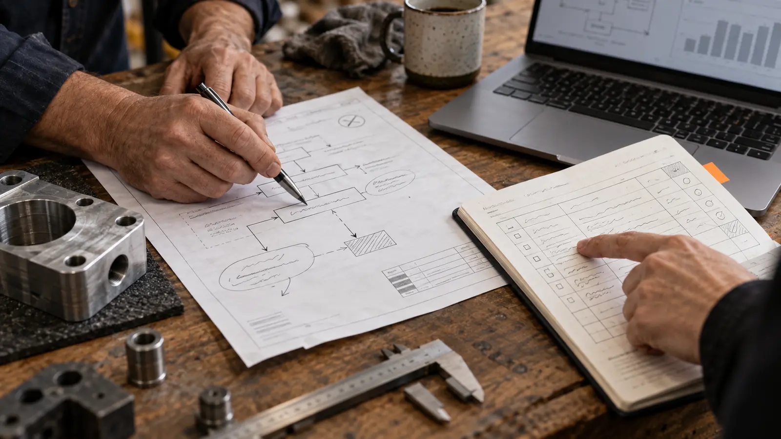 Hands reviewing a process drawing, action register, component and laptop