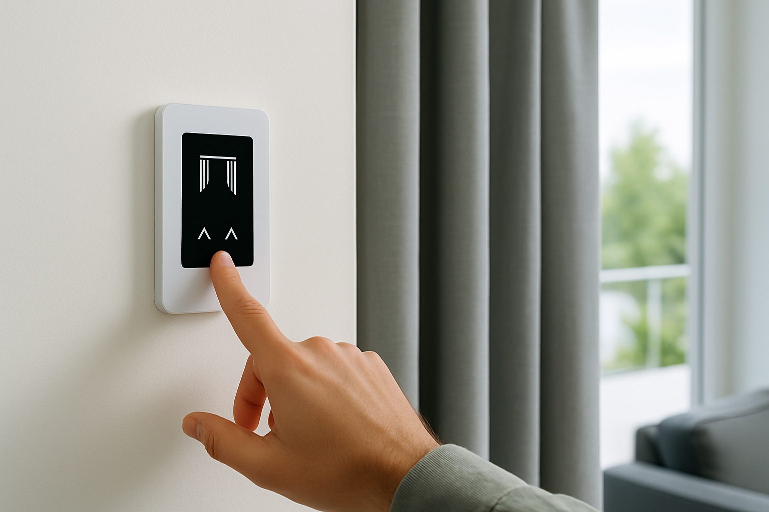 Person adjusting automated curtains in a modern apartment