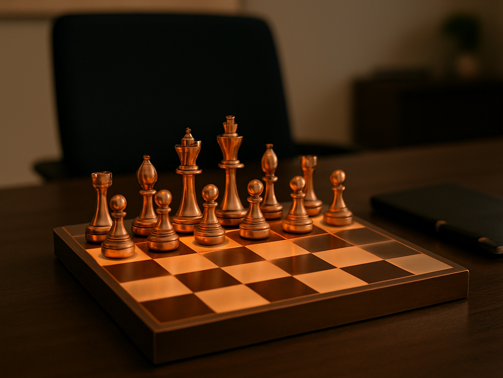 Executive operating layer metaphor with copper chess pieces