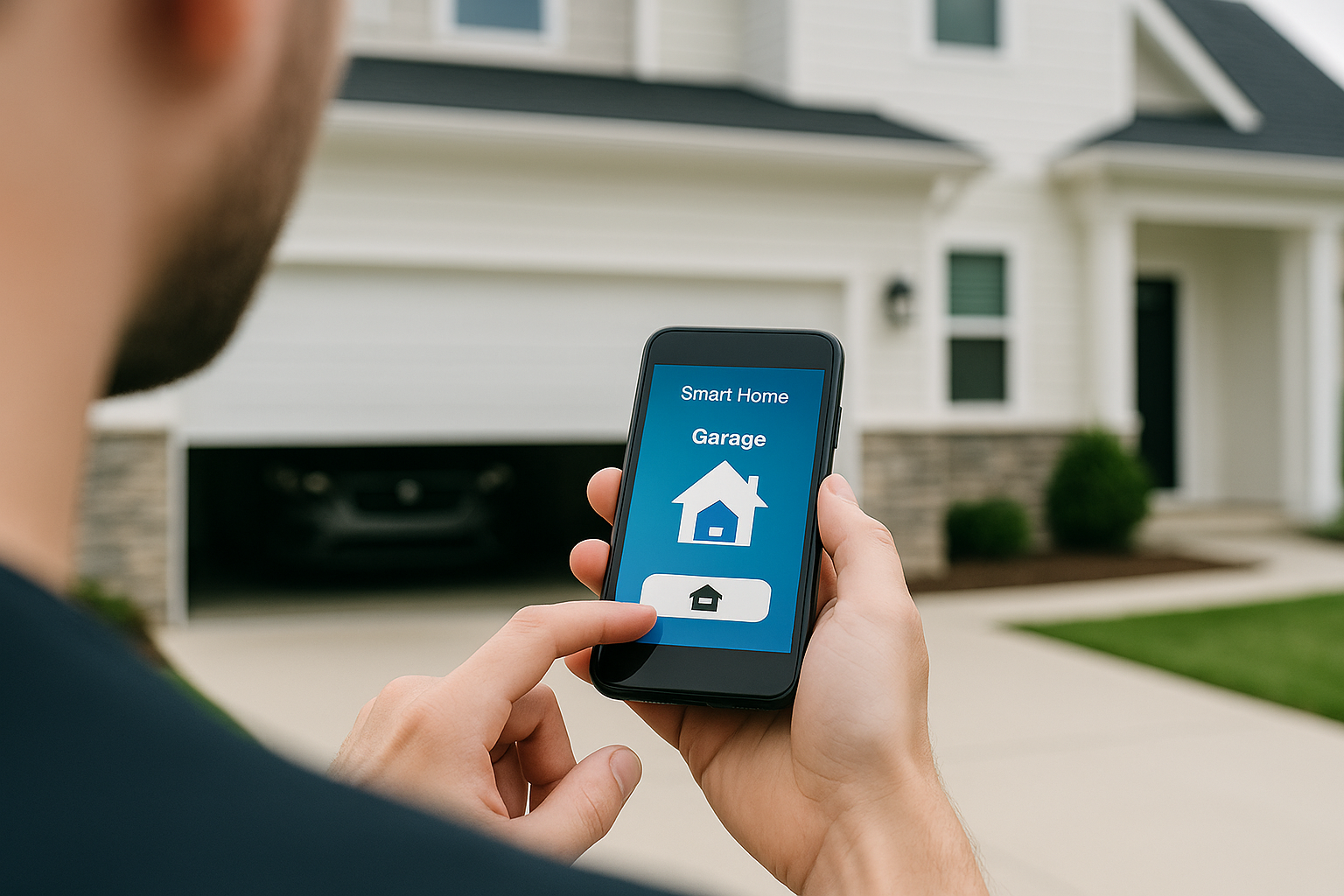 Smartphone controlling an automated garage door in a modern home