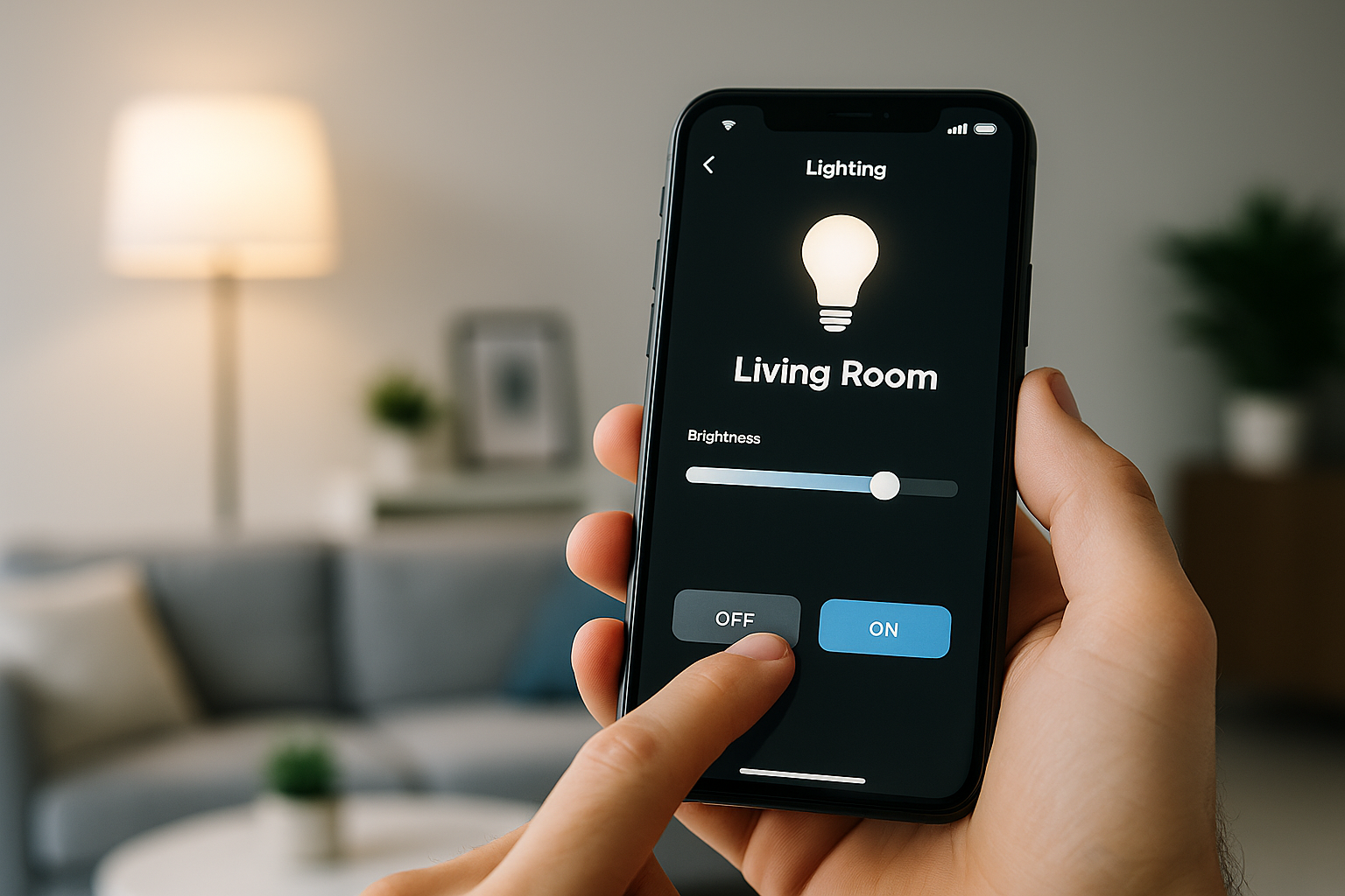 Tablet showing home control app on a coffee table