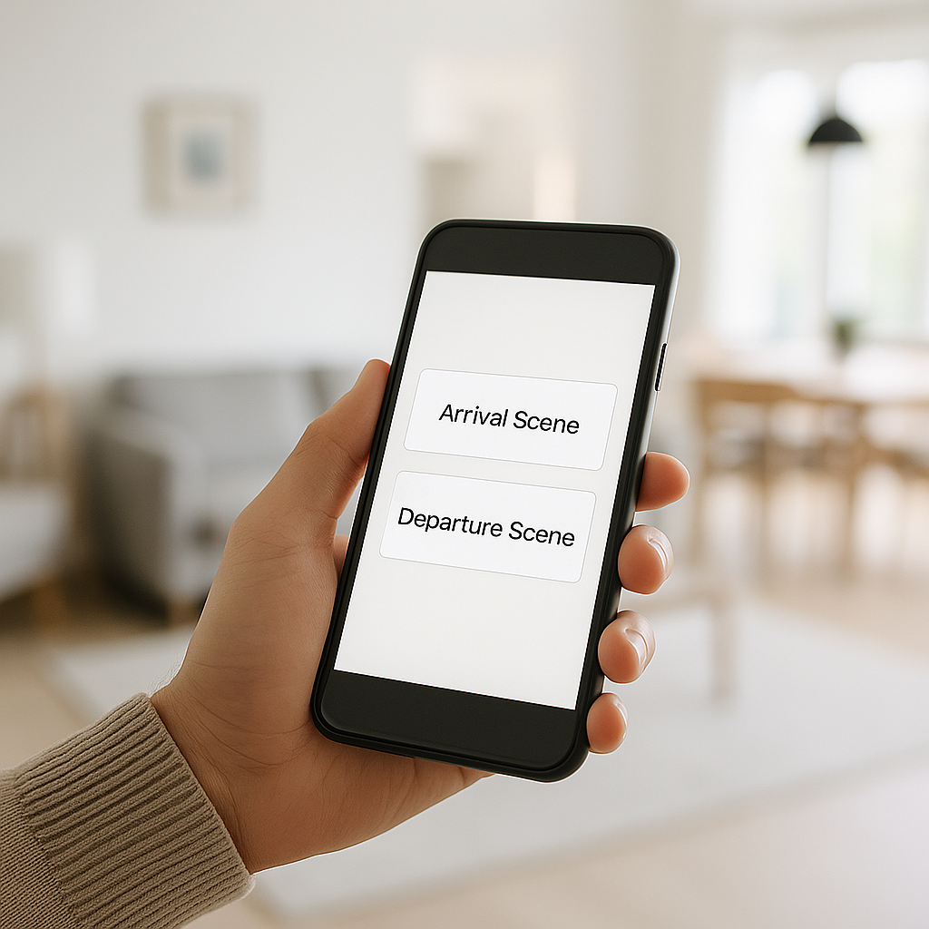 Holiday rental living room lit for guest arrival